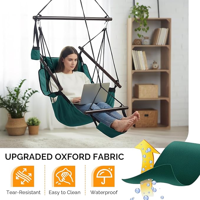 ONCLOUD Upgraded Unique Hammock Sky Chair, Air Deluxe Hanging Swing Seat with Rope Through The Bars Safer Relax with Drink Holder & Fuller Pillow Beech Wood Indoor Outdoor Patio Yard 250LBS (Green)
