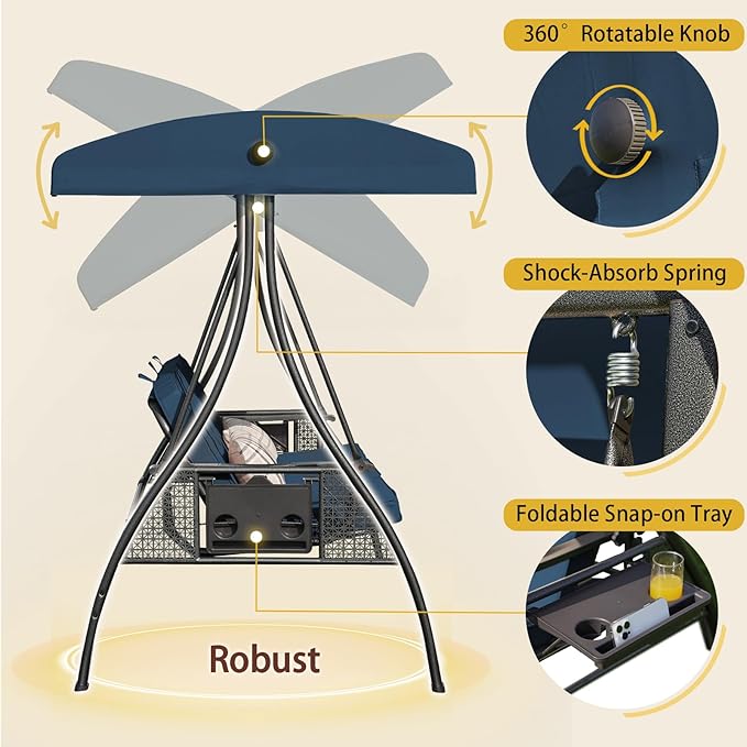 3-in-1 Convertible Outdoor Swing for Adults, Outdoor Porch Swing with Stand 800lb Bearing Capacity, 3-Seat Outdoor Swing with Canopy Adjustable, Thickened Cushions (Square, Blue)