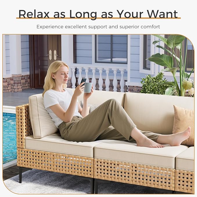 ABCASA Patio Furniture Set, 110" Large 7-Piece Wicker Outdoor Patio Furniture Sets with Anti-Slip Cushions & Coffee Table,Boho Patio Conversation Set Sectional Sofa for Backyard,Porch,Beige