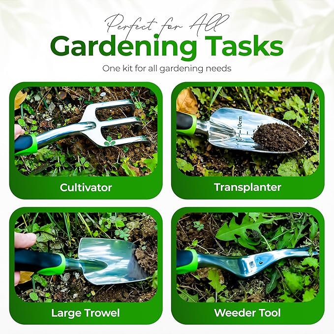 Gardening Tools Set with Bag 8 PCS – Heavy Duty Stainless Steel Garden Hand Tools Kit, Ergonomic Non-Slip Handles, Rust-Proof, Includes 15 Plant Tags – Gardening Gift for Women & Men