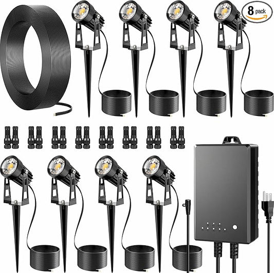All-in-One Outdoor Low Voltage Landscape Lighting Kit, LED Landscape Spot Lights with 60W Transformer and 65FT Wire, Waterproof Outside Spotlights for Yard, Garden, Tree, Pathway, House, 3000K, 8 Pack
