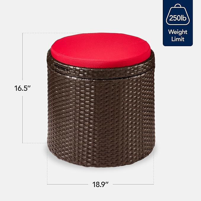 Best Choice Products Round Wicker Ottoman, Multipurpose Outdoor Furniture for Patio, Backyard, Additional Seating, Footrest, Side Table w/Storage, Removable Cushions – Brown/Red