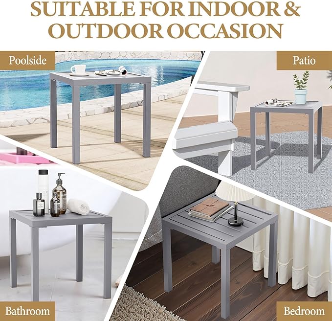 Crestlive Products Outdoor Side Table, Small Square Metal End Table Easy Assembly & Weather Resistant Pool Side Tables for Patio Balcony（Light Gray