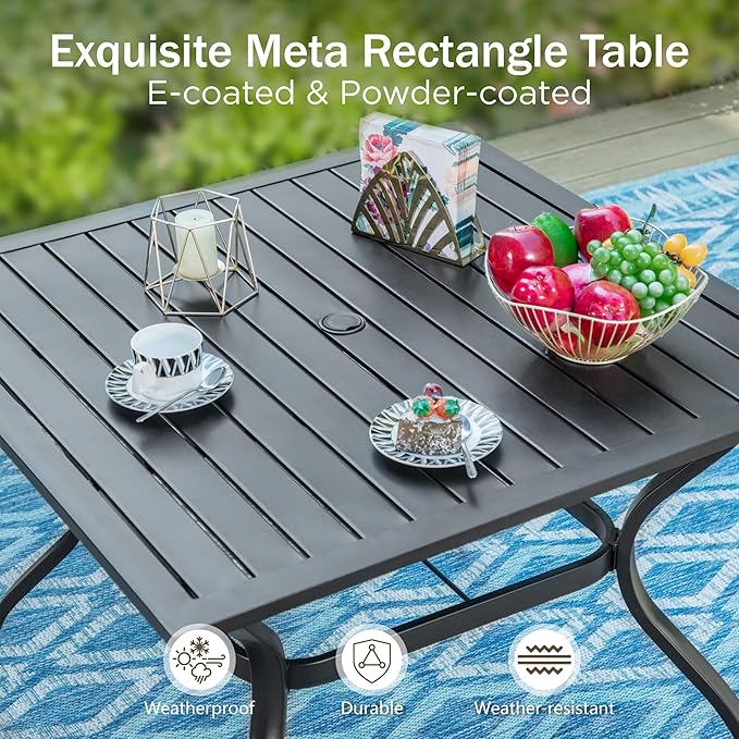 PHI VILLA 5 Pieces Outdoor Dining Set with Umbrella for 4, 37" Square Metal Dining Table & 4 Cushioned Wicker Rattan Chairs with 10ft Beige Umbrella for Patio, Deck, Yard, Porch