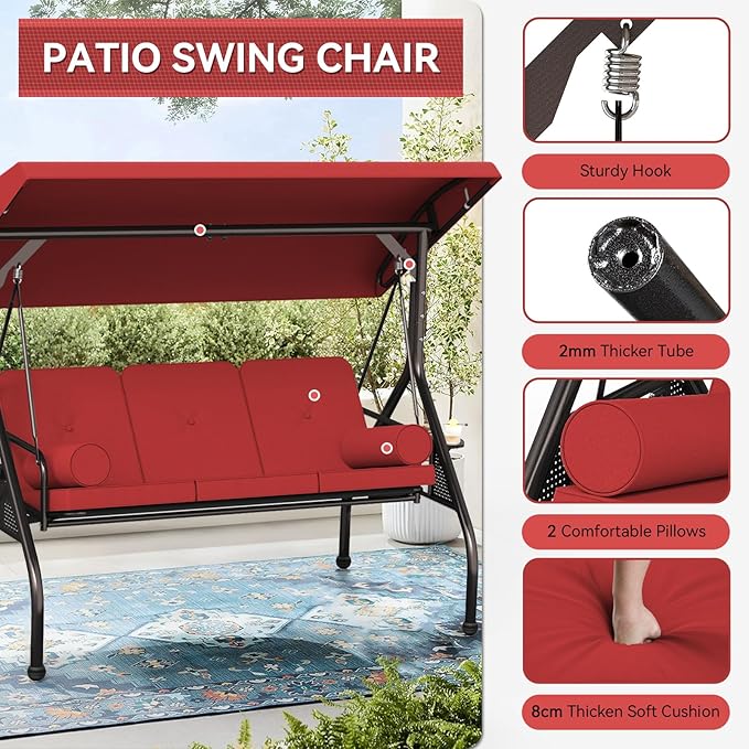 Oakcloud 3-Seat Outdoor Porch Swing,Large Converting Swing Chair with Adjustable Canopy,Patio Swing Glider with Thicken Cushions & Pillows for Poolside Balcony Backyard (Red)