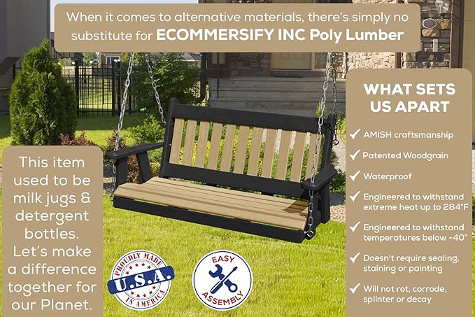 Poly Lumber Wood 4FT Mission Porch Swing Amish Craftsmandship Made in USA HDPE with No Wood fibers 1000 lbs Limit. Stainless Steel Hardware.Signature Design for Patio Outdoor Backyard Garden Park