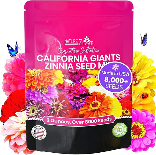 NatureZ Edge Zinnia Seeds for 2026 Planting Outdoors, Over 8250 Flower Seeds, 2 Oz, Non GMO Made in USA, Bulk Semillas De Flores para Sembrar, California Giants, Easy to Grow Zinnia Seed Mix