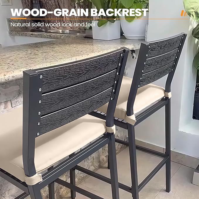 Crestlive Products Outdoor Bar Stools Set of 4, Patio Counter Height Barstools with Cushions, Tall Chairs with Back and Footrest for Deck, Lawn, Garden, Backyard, Poolside, Or Indoor Use (Beige)