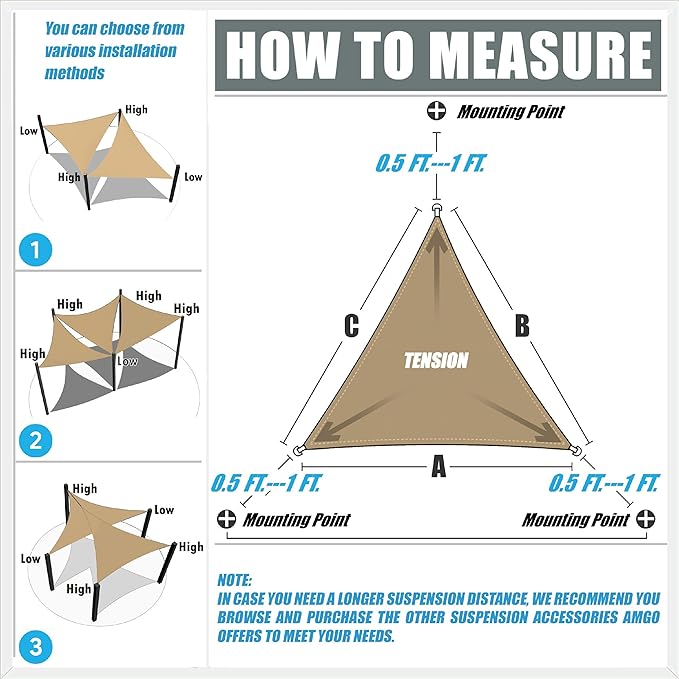 Amgo 20' x 20' x 20' Beige Triangle Sun Shade Sail UPF50+ Canopy Awning AGSLT, 95% UV Blockage, Water & Air Permeable, 200GSM Heavy Duty Commercial and Residential (We Make Custom Sizes)