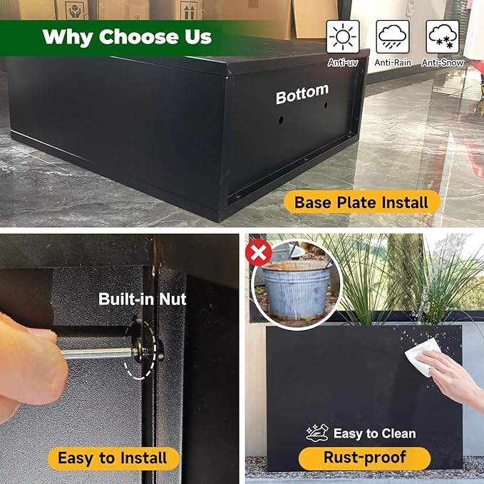 Black Steel Metallic Heavy Planter 30" x 12" x 24" for Outdoor Plants Metal Long Outdoor Planter Spliced Flower Box with Partitions for Outside,Indoor,Garden (Black, 30 * 12 * 24)