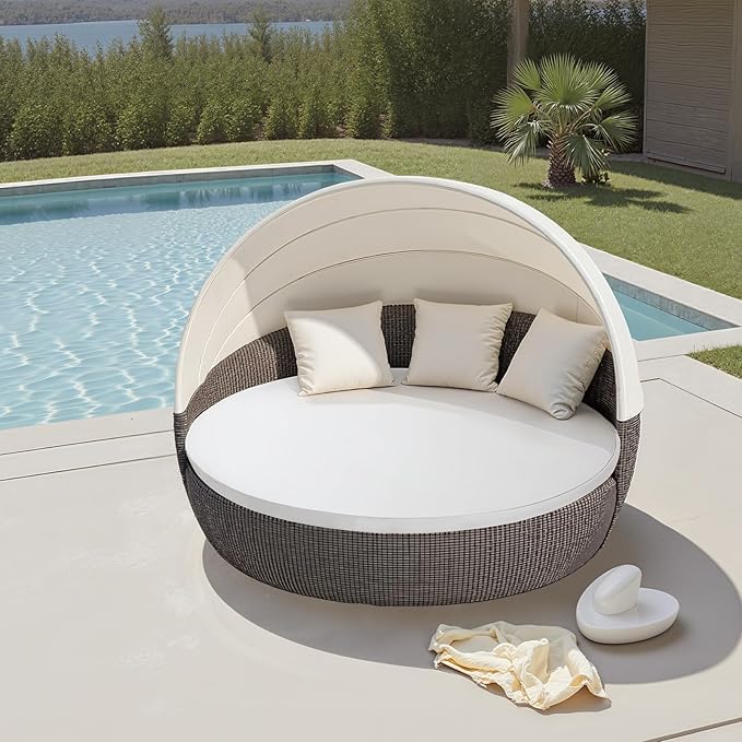 MICTONY Outdoor Daybed Cushion Cover, 66" Replacement Daybed Cover with Elastic Band, Sun Bed Cushion Cover, Outdoor Round Bed Cushion, Cover ONLY (Daybed NOT Included) (White)