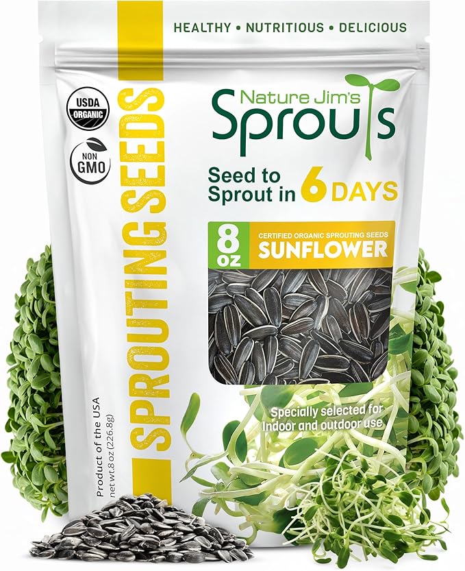 Nature Jims Organic Sunflower Seeds for Sprouting – Non-GMO, Premium Sunflower Microgreen Seeds – Nutritious, Fast Growing Sprouts & Easy to Plant – Ideal for Fresh Salads, Soups, & Smoothies – 8 Oz