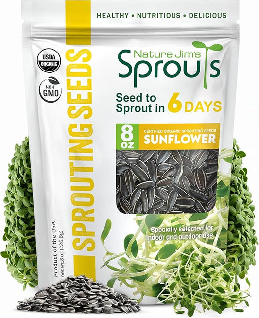 Nature Jims Organic Sunflower Seeds for Sprouting – Non-GMO, Premium Sunflower Microgreen Seeds – Nutritious, Fast Growing Sprouts & Easy to Plant – Ideal for Fresh Salads, Soups, & Smoothies – 8 Oz