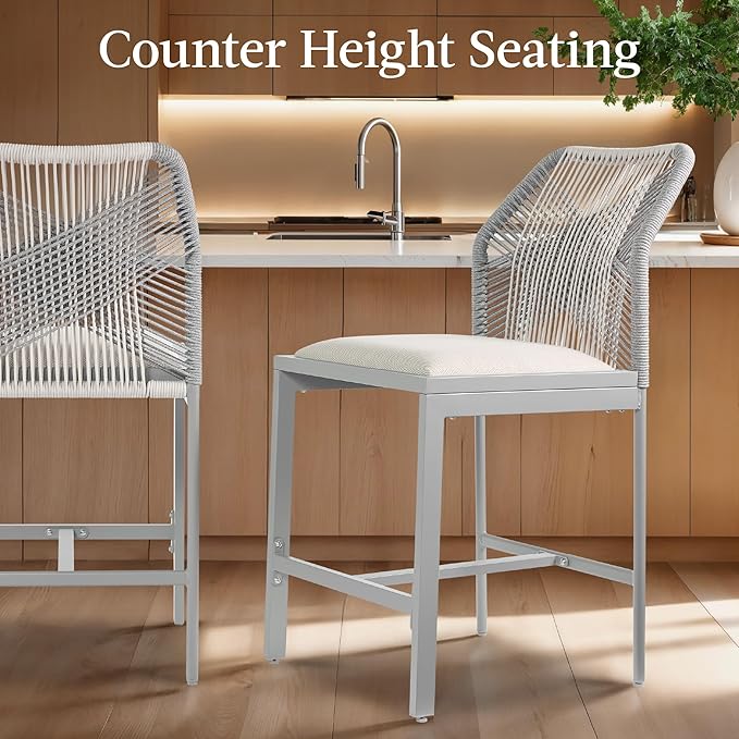 Best Choice Products Indoor Outdoor Counter Height Bar Stools Set of 2, Armless Kitchen Counter Stools w/Back and Footrest, Built-in Cushion, Aluminum Frame - Gray/Meteor
