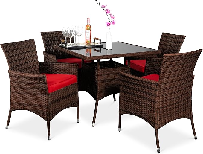 Best Choice Products 5-Piece Indoor Outdoor Wicker Dining Set Furniture for Patio, Backyard w/Square Glass Tabletop, Umbrella Cutout, 4 Chairs - Red
