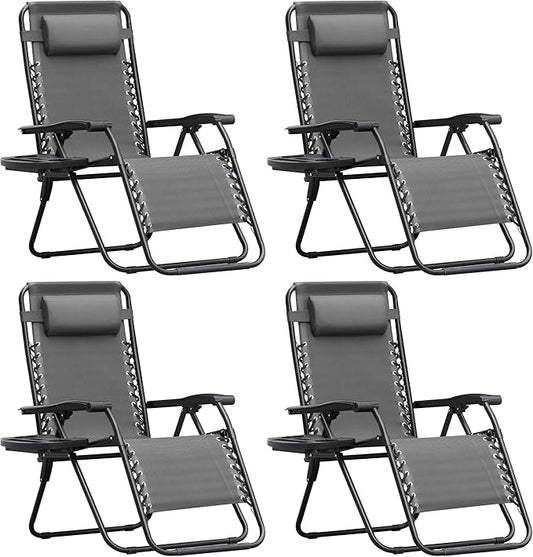 Homall Zero Gravity Chair Patio Folding Lawn Outdoor Lounge Gravity Camp Reclining Lounge Chair with Cup Holder Pillows for Poolside Backyard and Beach Set of 4 (Grey)
