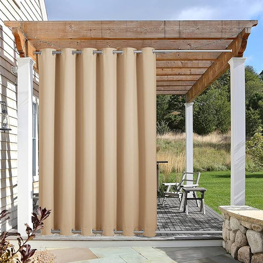 NICETOWN Outdoor Curtain for Patio Waterproof, Sunlight Block Rustproof Grommet Top and Bottom Windbreak, Thick Enough Protect You from Sun/Rain for Deck, Biscotti Beige, W84 x L108, 1 Piece