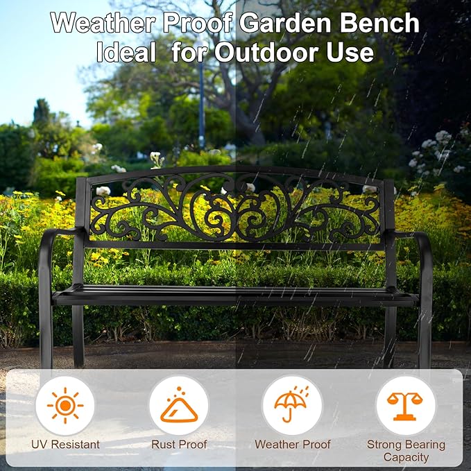 Outvita Outdoor Bench, 50" Metal Frame Garden Bench Patio Porch Furniture with Plastic Floral Design Backrest Powder-Coated Chair Yard Entryway Deck Furniture