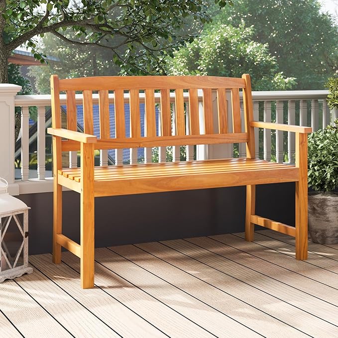 COSTWAY Wooden Bench Outdoor, Sturdy Outdoor Acacia Wood Bench for Garden, Park & Porch, 43”L x 22”W x 34”H, Teak
