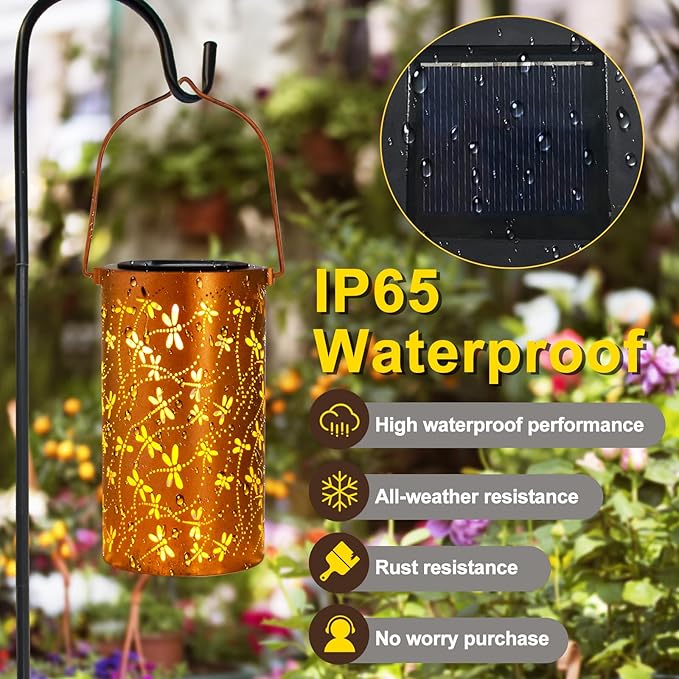 2 Pack Solar Lanterns Outdoor Hanging Lantern Lights, Dragonfly Hollowed-Out Metal Decor Lantern, Waterproof LED Decorative Garden Light - Delicate Garden Decoration for Patio, Yard