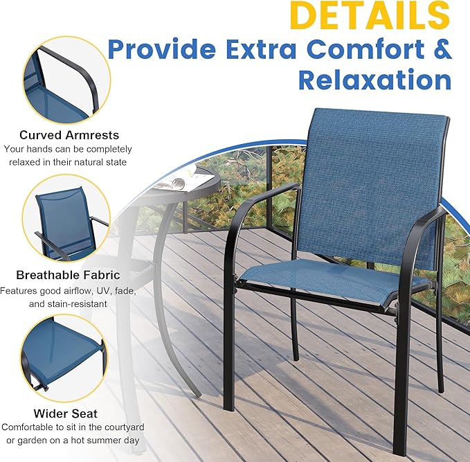 VICLLAX Patio Dining Set for 6, All Weather Metal Outdoor Furniture Set- 47" Round Patio Table and Chairs, Black Tabletop and Blue Fabric