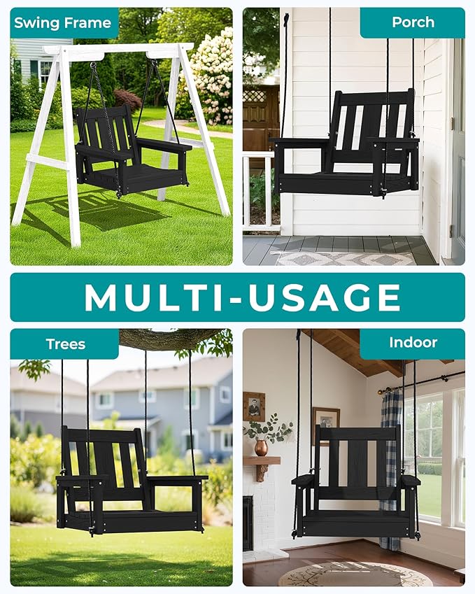 SERWALL HDPE Single Porch Swing Set of 2, Heavy Duty Single Person Swing Chair with 2 Polypropylene Hanging Ropes, Adirondack Hanging Chair for Outdoor Front Porch Patio Garden Yard, Black