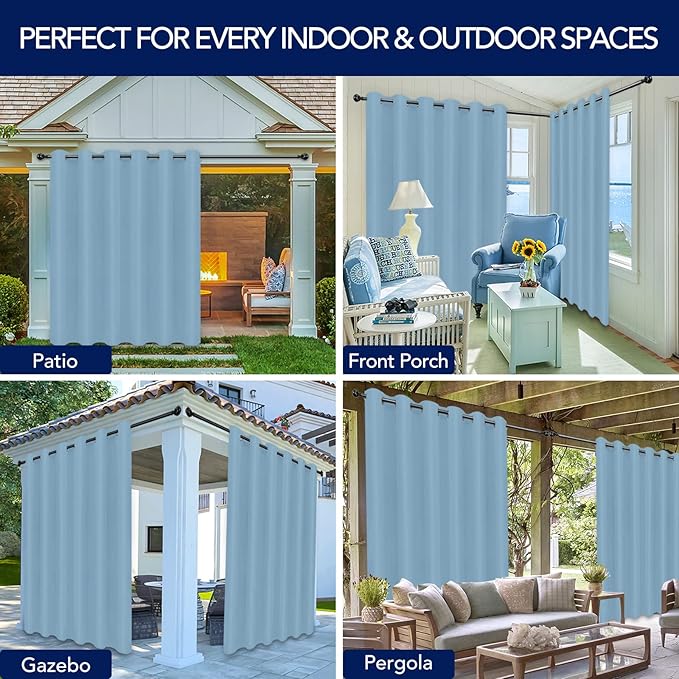 PureFit Outdoor Curtains for Patio Waterproof Weatherproof, UV Resistant Outside Curtains for Gazebo, Front Porch, Pergola, Sun Blocking Privacy Curtain, 100W x 120L inch, 1 Panel, Sky Blue