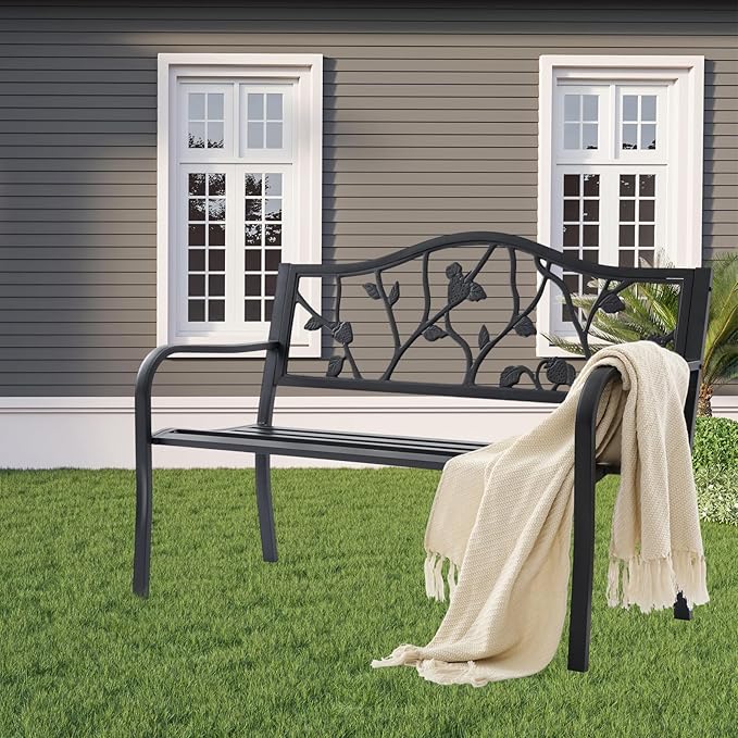 50" Outdoor Garden Bench, Cast Iron Metal Outdoor Benches Weatherproof with Artistic Strawberry Backrest, Black Patio Bench for Porch, Backyard, Lawn