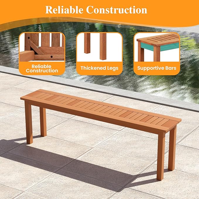 Tangkula Outdoor Wood Bench, 59” Long Patio Dining Bench Set of 2, Backless Wooden Bench with Teak Oil Finish & Slat Seat, Accent Entryway Bench, Farmhouse Bench for Yard, Garden, Porch, Indoors