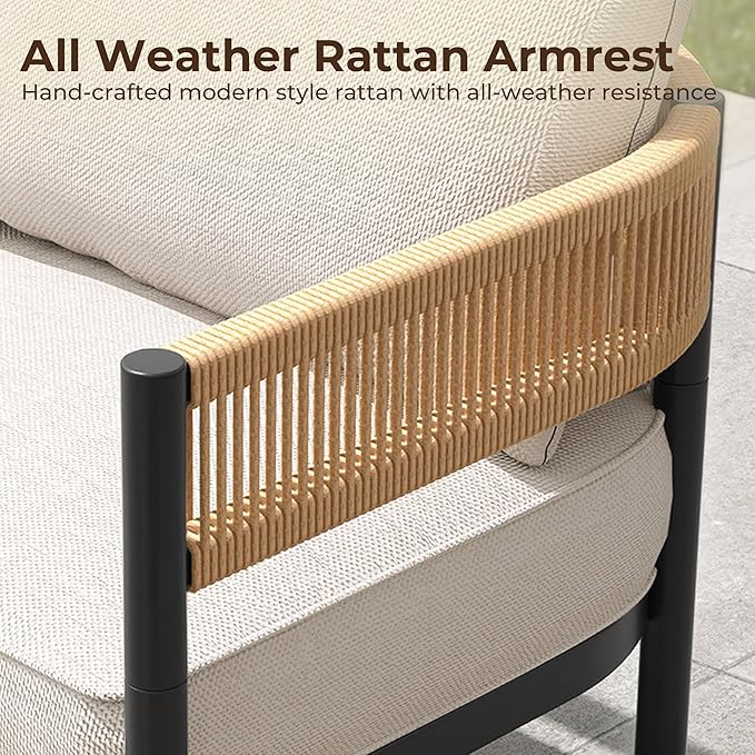 Grand patio 5-Piece Outdoor Furniture Set, 5 Seats Wicker Sofa Conversation Set with 3-Seat Couch, Thick Cushions and Coffee Table, for Backyard, Balcony, Garden (Natural)