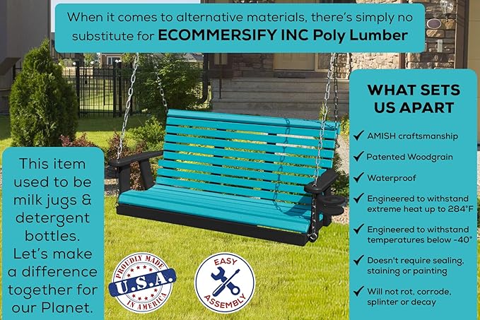 Poly Lumber Wood 5FT Porch Swing Amish Craftsmandship Made in USA HDPE with No wood fibers and 1000 lbs Limit. Stainless Steel Hardware.Signature Rollback design for Patio Outdoor Backyard Garden Park