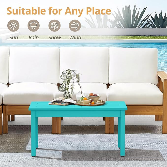 LUE BONA Outdoor Coffee Table Rectangle, HDPS Patio Coffee Tables for Outside, All Weather Patio Coffee Table with Slatted Tabletop for Deck, Garden, Balcony, Indoor or Outdoor Use, Aruba Blue