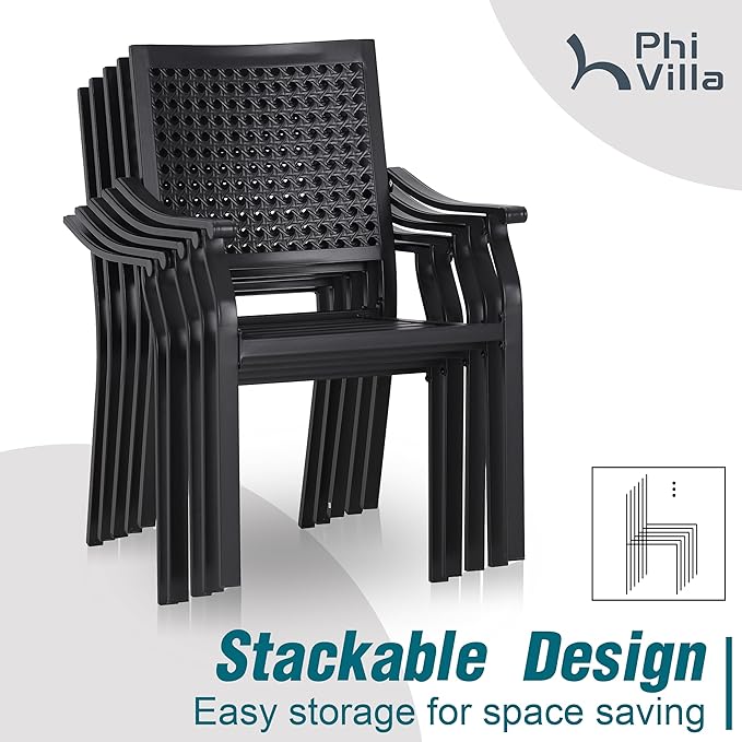 PHI VILLA 5 Pieces Outdoor Dining Set for 4 with Umbrella, 42" Large Round Metal Steel Table & Stackable Iron Chairs with Cushions & 10ft Blue Umbrella, Modern Furniture for Patio, Deck, Yard, Porch