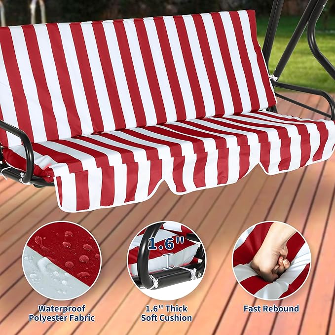 Outdoor Porch Swing Chair with Adjustable Canopy & Striped Seat Cushion for Adults 3-Seat Patio Glider Bench with Thick Cushions Steel Frame Outdoor Swing Chair for Backyard Lawn Garden Red