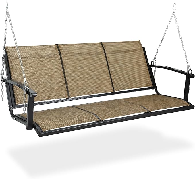 Textilene 3 Seat Hanging Swing, 5.2FT Patio Bench Swing, 660lbs Heavy Duty Outdoor Porch Swing with Hanging Chains for Courtyard, Garden, Tree, Yard