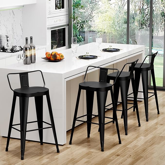 Aklaus Metal Bar Stools Set of 4 Counter Height Bar Stools for Kitchen Island Farmhouse Barstools with Removable Back 24" Indoor Outdoor Barstools, Matte Black