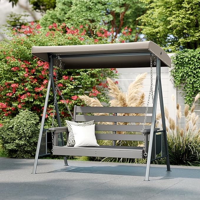 IVY&LANE Outdoor Porch Swing | HDPE Plastic | 2-Person | Hanging Bench Swings | Weatherproof | 4 Stainless Steel Chains | Grey | for Outside Patio Garden Backyard Tree