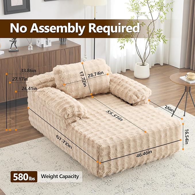 VINGLI 67.7" Oversized Chaise Lounge Chair Reading Chairs Comfy Bubble Fleece Upholstered Boneless Sofa Bed Sleeper Sofa Cloud Couches for Living Room, Bedroom, Play Room (Light Brwon)