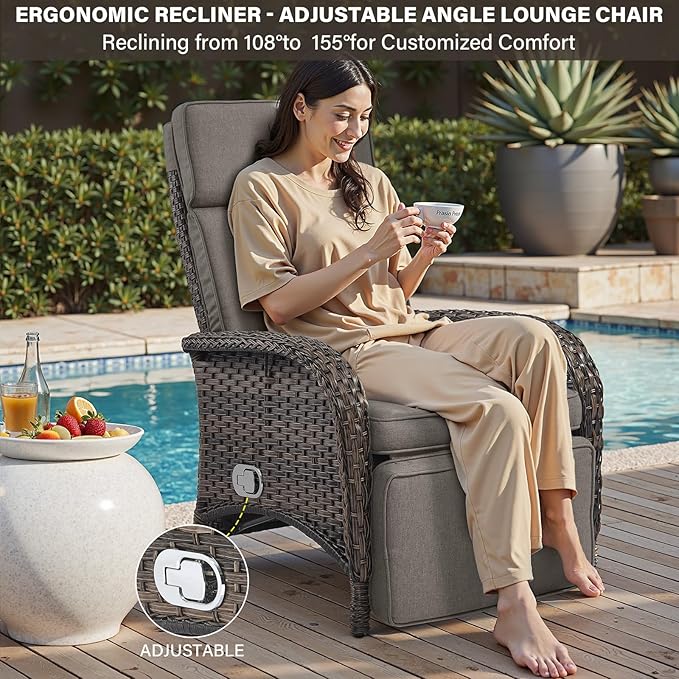 Belord Versatile Outdoor Recliner Chair Set of 3 - Reclining Patio Chair with Adjustable Backrest and Footrest, All-Weather Wicker Chaise Lounge Chair Outdoor with Side Table for Pool Deck