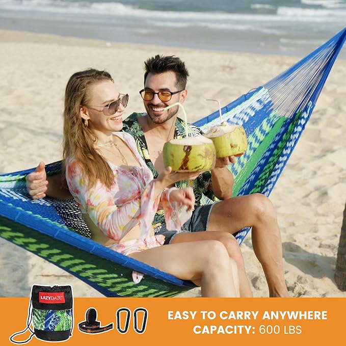 Lazy Daze Hammocks Handwoven Mayan Hammock, 10.5 FT Soft Rope Double Hammocks, Portable Outdoor Hammock with Carry Bag, 2 Straps & Carabiners for Patio Outside, 550 lbs Weight Capacity, Blue/Green