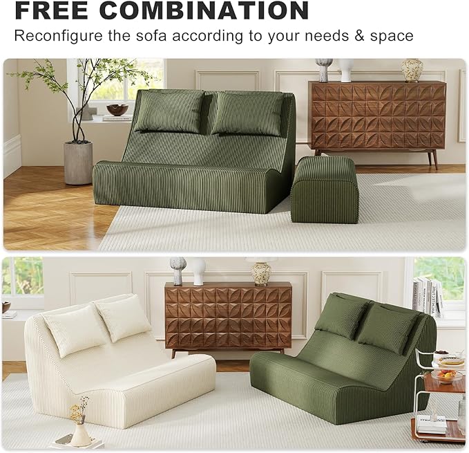 Giant Bean Bag Chair for Adults - Indoor Chaise Lounge with Pillows & Ottomans, Upholstered Loveseat Floor Sofa Chair for Reading, Gaming, Napping, and Movies (Olive Green)