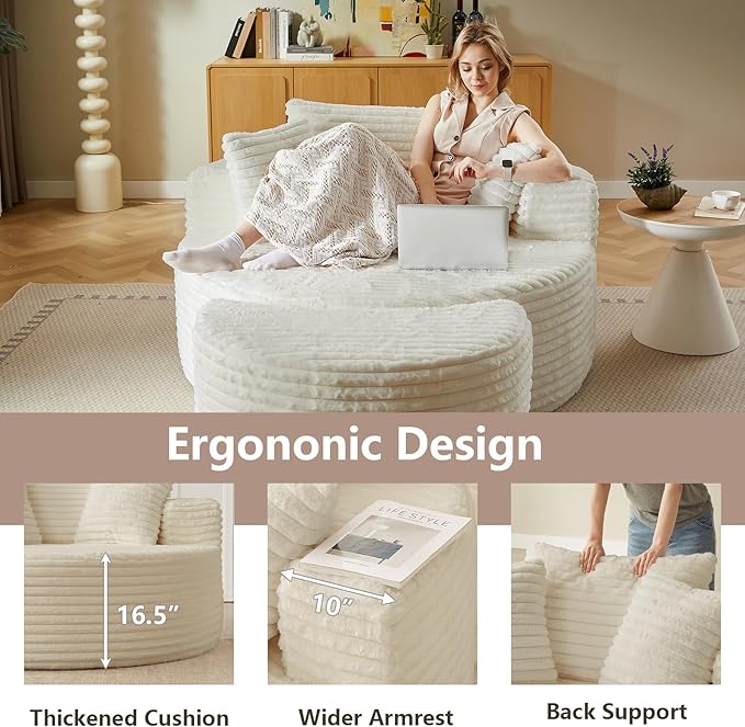 74.6" Oversized Round Chaise Lounge Chair with Ottoman Indoor, Fluffy Upholstered Corduroy Deep Seat Large Boneless Circle Couch Sofa Chairs for Living Room, Bedroom, No Assembly Required, White