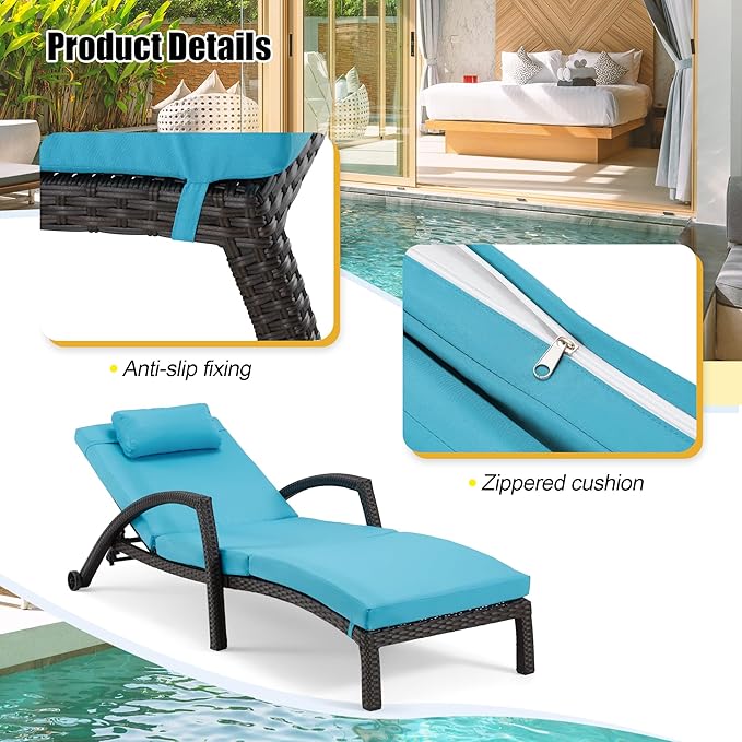 HOMREST Outside Chaise Lounge Chairs Set of 2, Adjustable 5 Position Outdoor PE Rattan Wicker Patio Pool Lounge Chair with Cushion, Arm, Pillow and Wheels for Poolside Backyard Deck Porch,Blue