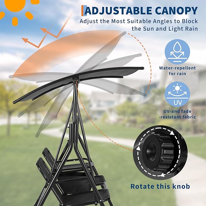 2-Person Porch Swing with Cup Holders, Pivot Storage Table & Cooler Bag, Adjustable Canopy, Black Steel Frame Outdoor Patio Swing for Backyard, Balcony & Poolside