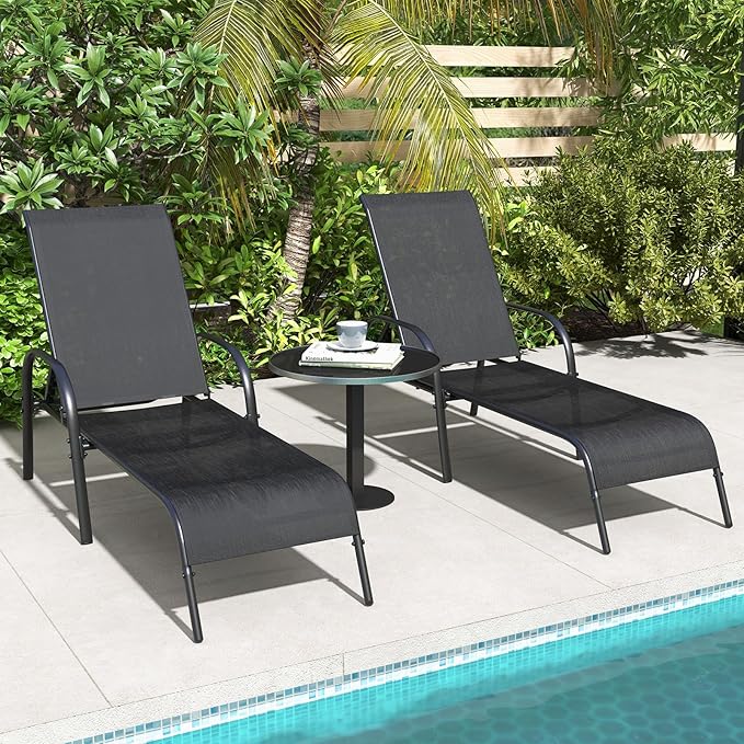 Giantex 2 Pack Patio Lounge Chair, Outdoor Chaise Lounge with 5 Adjustable Backrest, Sturdy Steel Frame, Sunbathing Recliner, Beach Chair, Tanning Chair for Outside, Yard, Balcony, Pool Chairs, Black