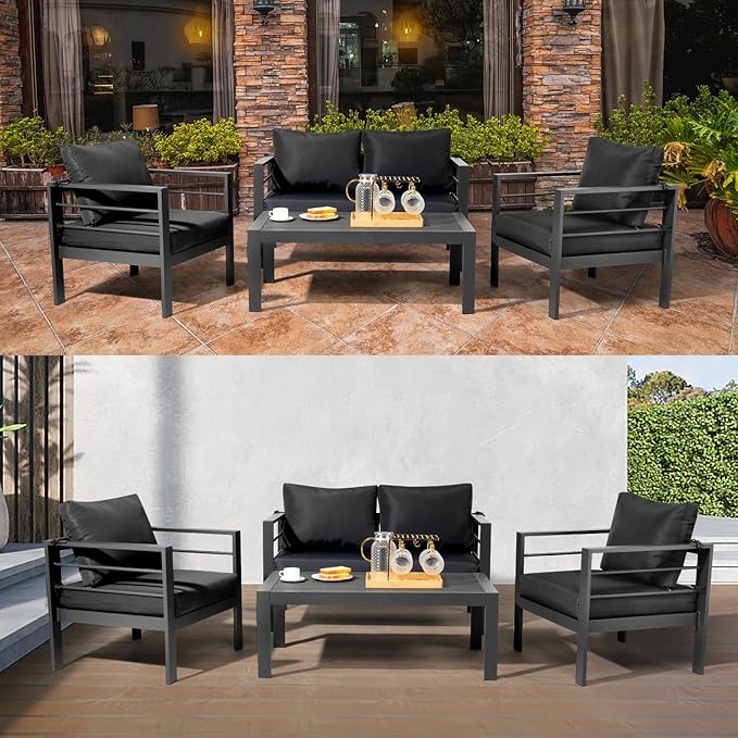 VINGLI 2-Piece Outdoor Patio Furniture Aluminum Love-seat and Coffee Table Set, Modern Patio Sofa Set (Gray)