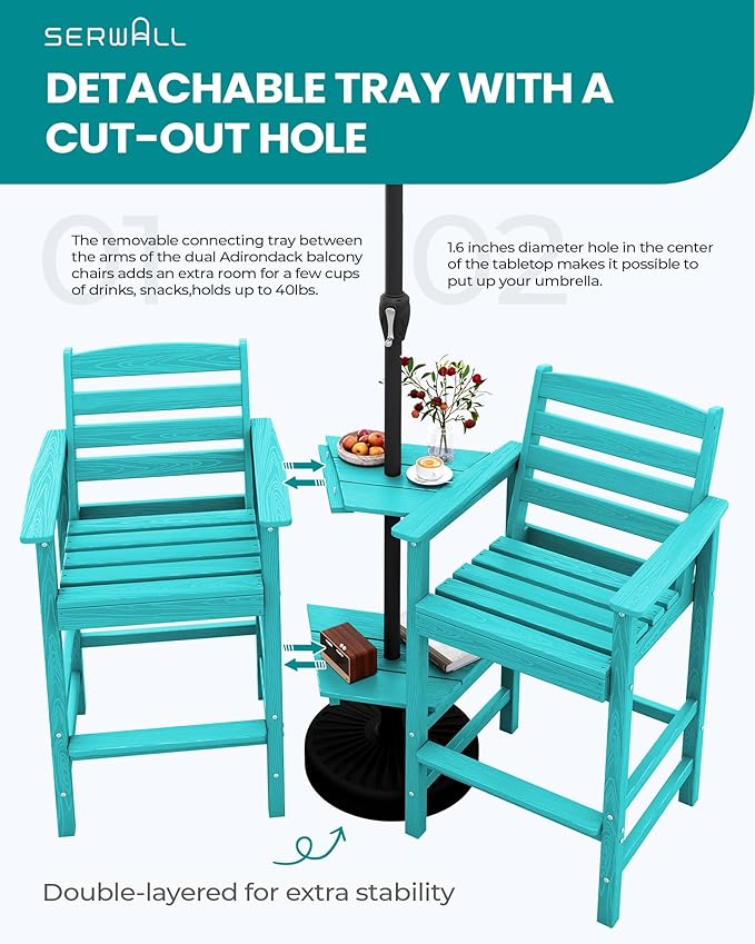SERWALL Tall Adirondack Chairs Set of 2 with Connecting Table, All Weather Outdoor Barstools, Aruba Blue