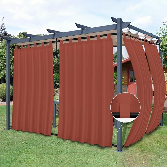 Easy-Going Outdoor Patio Curtains Detachable Tab Top Windproof Weatherproof Curtain for Cabana, Porch, Pergola and Gazebo, Tab Bottom Drape, 2 Panels, 54W x 96L inch, Terra Red