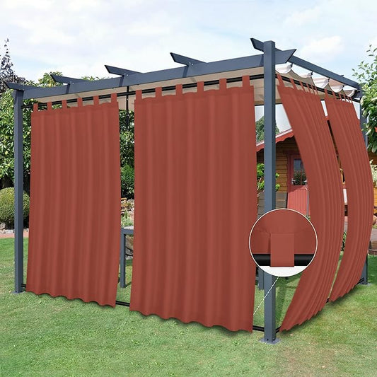 Easy-Going Outdoor Patio Curtains Detachable Tab Top Windproof Weatherproof Curtain for Cabana, Porch, Pergola and Gazebo, Tab Bottom Drape, 2 Panels, 54W x 96L inch, Terra Red