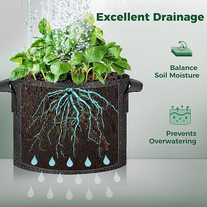 T4U 3 Gallon Grow Bags, Upgrade Grow Bags with Handles, Heavy Duty Thickened Nonwoven Fabric Pots, 3 Gallon Pots for Plants, Rosemary, Chamomile, Onion (5 Pack)